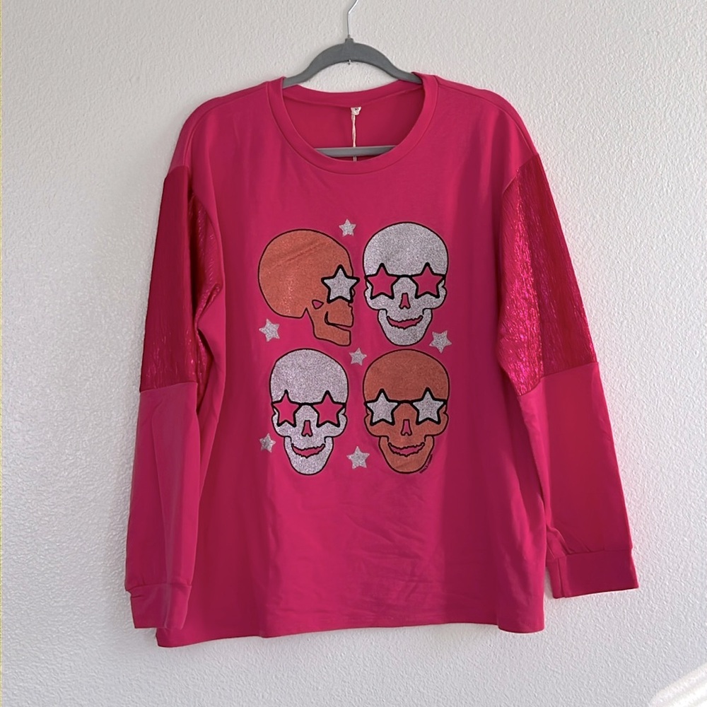 Glitter skull long sleeve top, size XL